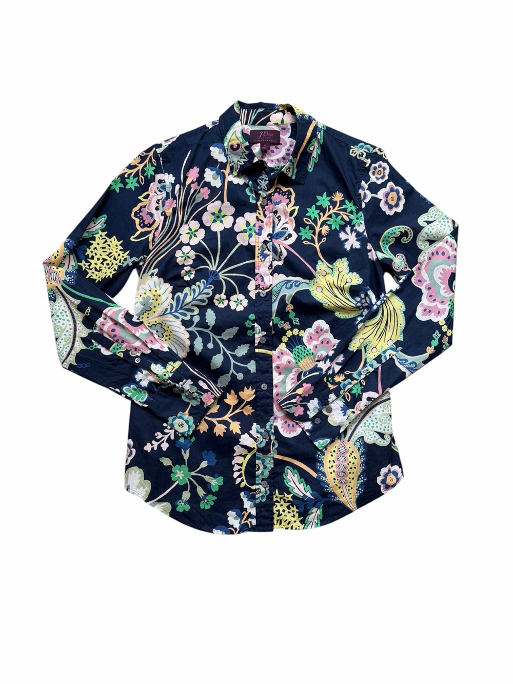 J Crew Liberty Fabric Navy Blue Floral Long Sleeve Cotton Button Up Shirt Size 2
